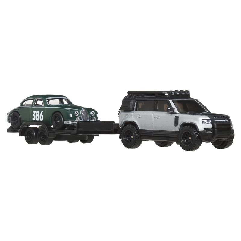 Jucarii, Copii si Bebe - Jucarii si jocuri - Vehicule si jucarii cu telecomanda - Masinute - HOT WHEELS TRANSPORTATOR LAND ROVER DEFENDER 110 2023 CU MASINUTA JAGUAR MK1 SCARA 1 LA 64 - Infinity.ro
