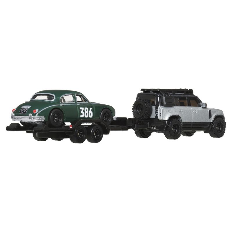 Jucarii, Copii si Bebe - Jucarii si jocuri - Vehicule si jucarii cu telecomanda - Masinute - HOT WHEELS TRANSPORTATOR LAND ROVER DEFENDER 110 2023 CU MASINUTA JAGUAR MK1 SCARA 1 LA 64 - Infinity.ro