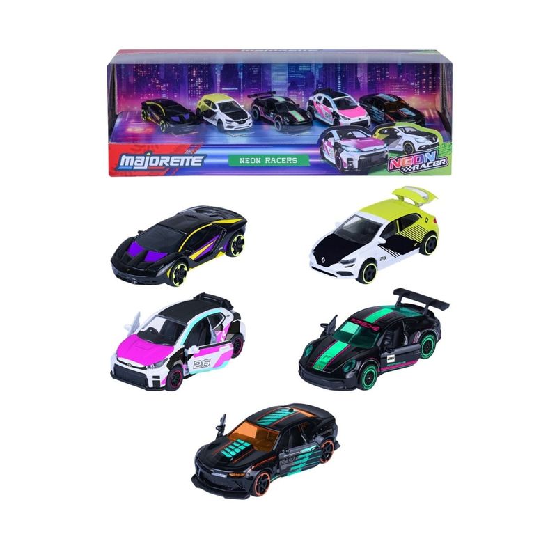 Jucarii, Copii si Bebe - Jucarii si jocuri - Vehicule si jucarii cu telecomanda - Masinute - MAJORETTE SET 5 MASINUTE METALICE NEON RACER 7.5CM - Infinity.ro