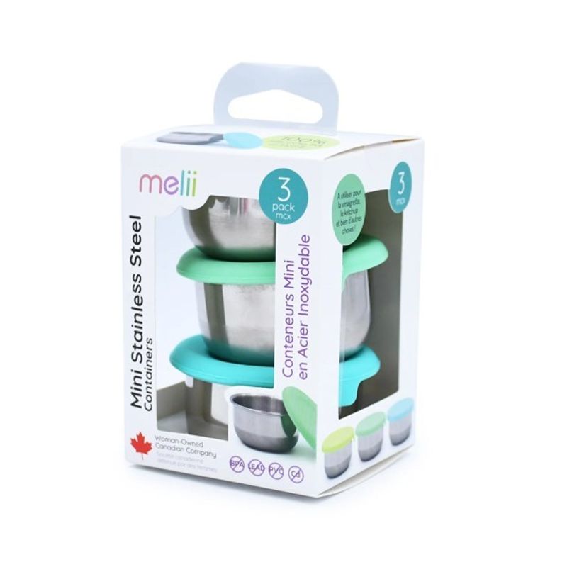 Jucarii, Copii si Bebe - Hrana si alaptare - Biberoane, suzete si accesorii hranire - Articole hranire bebelusi - SET 3 RECIPIENTE MINI INOX CU CAPAC SILICON, MELII, BLEU MINT LIME - Infinity.ro