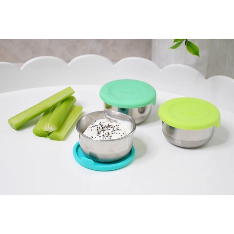Jucarii, Copii si Bebe - Hrana si alaptare - Biberoane, suzete si accesorii hranire - Articole hranire bebelusi - SET 3 RECIPIENTE MINI INOX CU CAPAC SILICON, MELII, BLEU MINT LIME - Infinity.ro