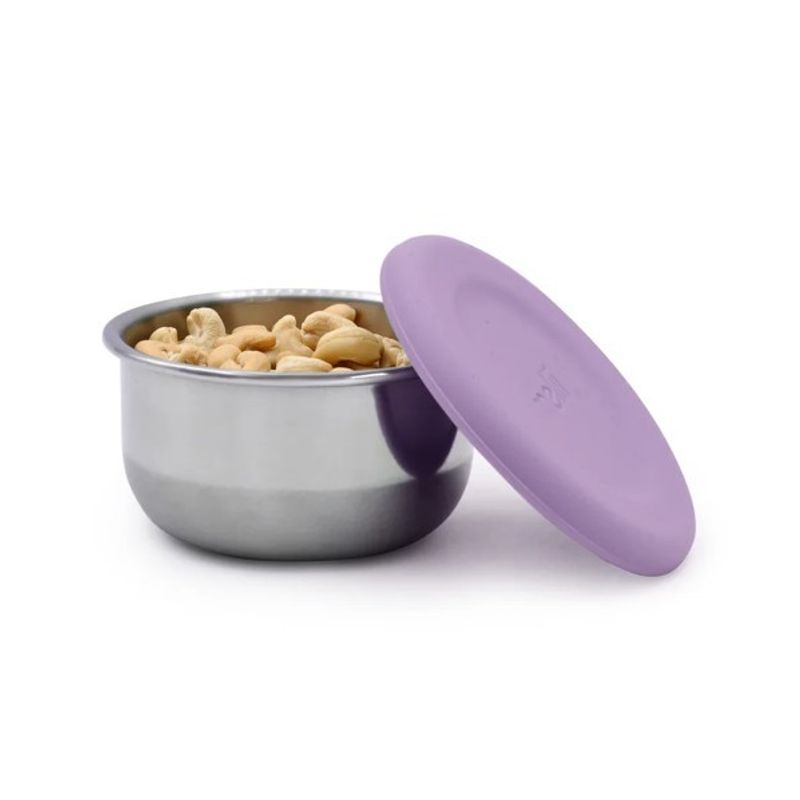 Jucarii, Copii si Bebe - Hrana si alaptare - Biberoane, suzete si accesorii hranire - Articole hranire bebelusi - SET 3 RECIPIENTE MINI INOX CU CAPAC SILICON, MELII, ROZ MOV GRI - Infinity.ro