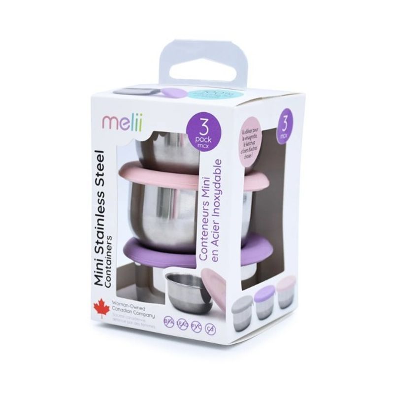 Jucarii, Copii si Bebe - Hrana si alaptare - Biberoane, suzete si accesorii hranire - Articole hranire bebelusi - SET 3 RECIPIENTE MINI INOX CU CAPAC SILICON, MELII, ROZ MOV GRI - Infinity.ro