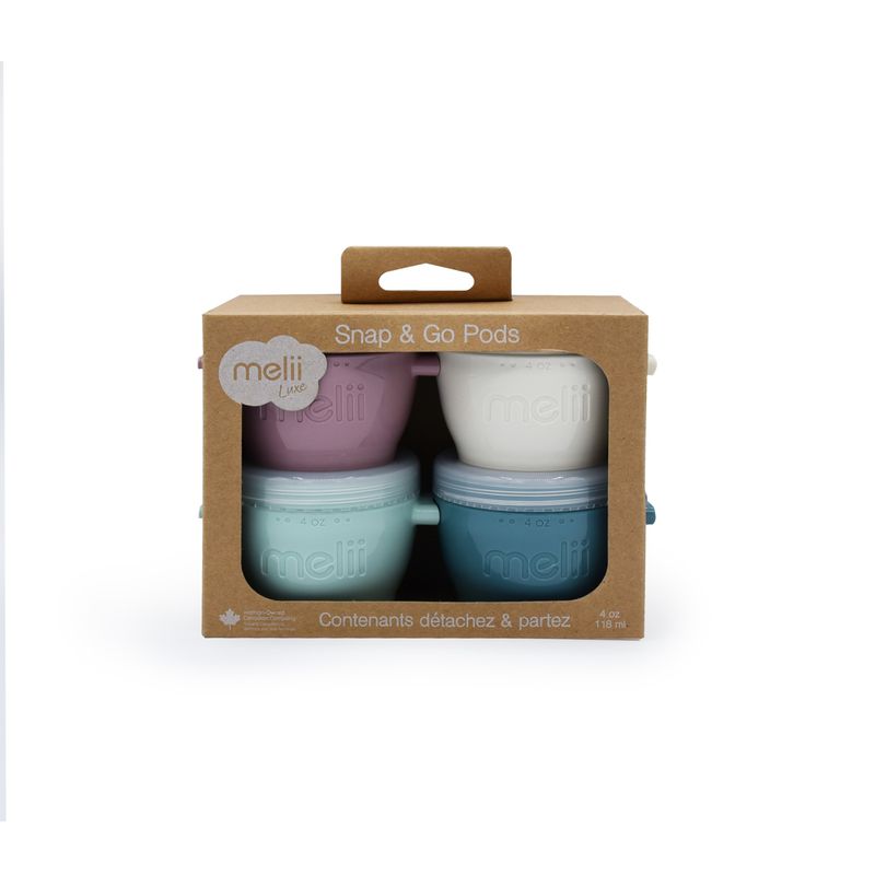 Jucarii, Copii si Bebe - Hrana si alaptare - Biberoane, suzete si accesorii hranire - Articole hranire bebelusi - SET 4 RECIPIENTE SILICON SNAP&GO, MELII LUXE, 4*118 ML - Infinity.ro