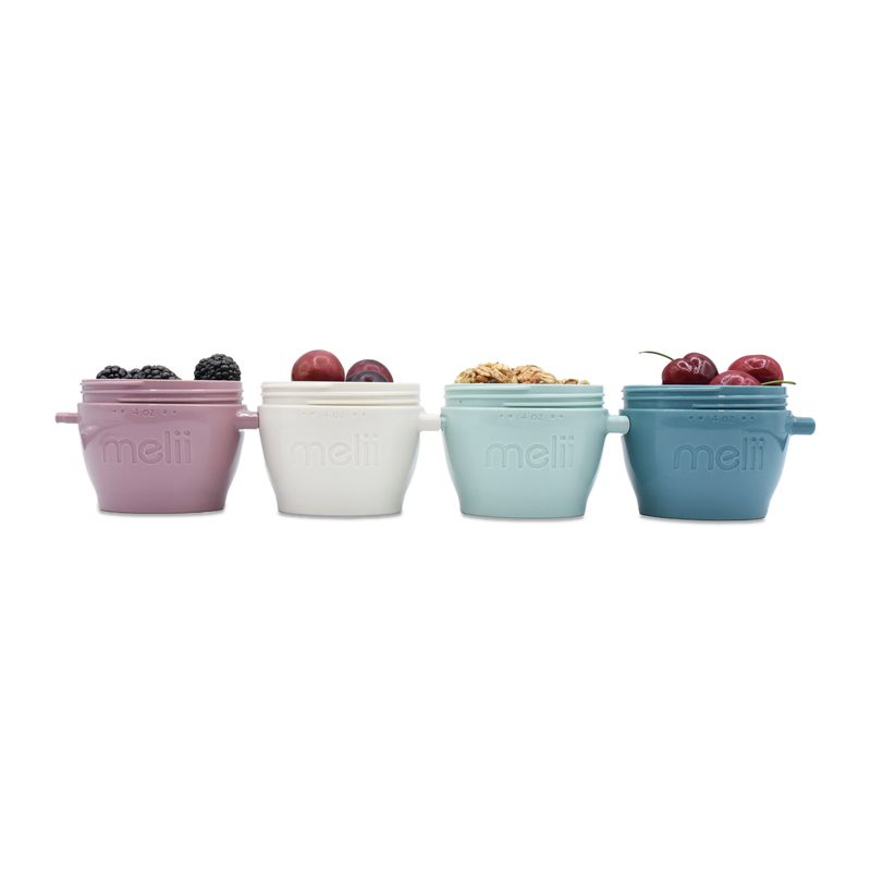 Jucarii, Copii si Bebe - Hrana si alaptare - Biberoane, suzete si accesorii hranire - Articole hranire bebelusi - SET 4 RECIPIENTE SILICON SNAP&GO, MELII LUXE, 4*118 ML - Infinity.ro