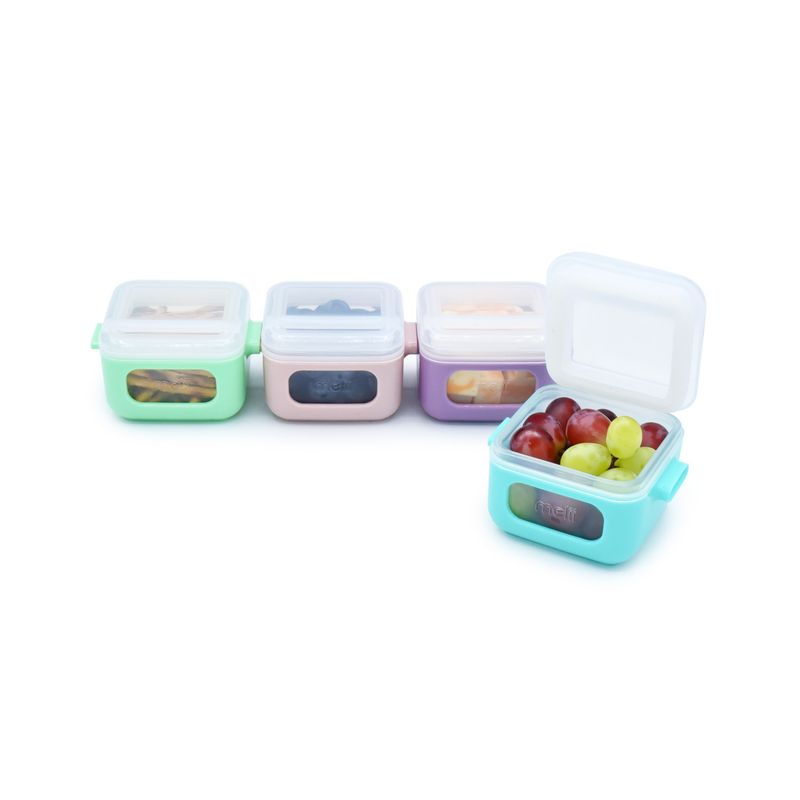 Jucarii, Copii si Bebe - Hrana si alaptare - Biberoane, suzete si accesorii hranire - Articole hranire bebelusi - SET 4 RECIPIENTE SILICON SNAP&GO CUBES, MELII, 4*118 ML - Infinity.ro
