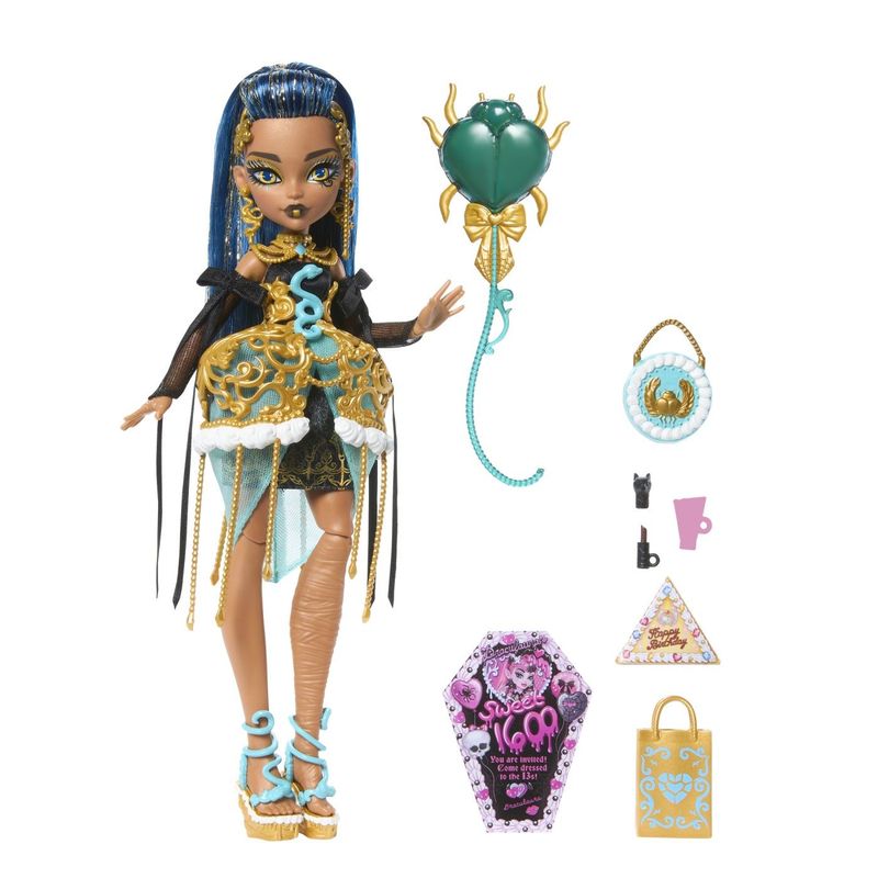 Jucarii, Copii si Bebe - Jucarii si jocuri - Papusi si accesorii - Papusi - MONSTER HIGH ZIUA DE NASTERE DULCE SI INFRICOSATOARE PAPUSA CLEO DE NILE CU ACCESORII - Infinity.ro
