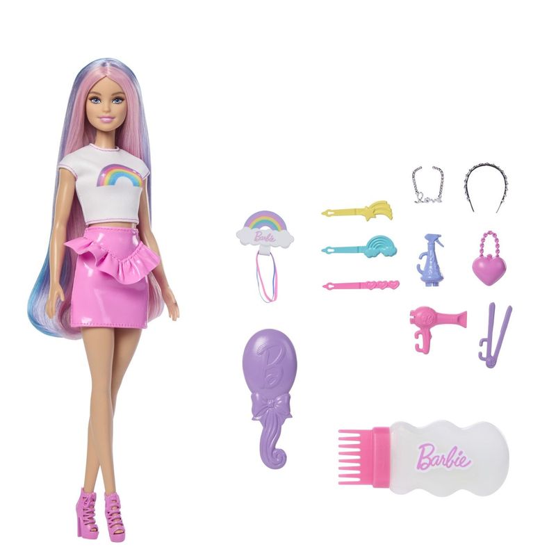 Jucarii, Copii si Bebe - Jucarii si jocuri - Papusi si accesorii - Papusi - BARBIE SET PAPUSA BARBIE CU PAR STRALUCITOR CURCUBEU SI ACCESORII - Infinity.ro