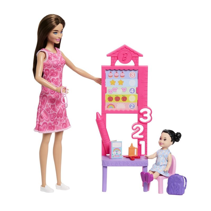 Jucarii, Copii si Bebe - Jucarii si jocuri - Papusi si accesorii - Papusi - BARBIE SET DE JOACA PAPUSA BARBIE BRUNETA CU ROCHIE ROZ FACE CARIERA PROFESOARA - Infinity.ro