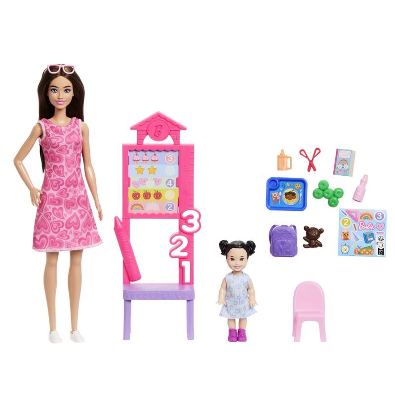 Jucarii, Copii si Bebe - Jucarii si jocuri - Papusi si accesorii - Papusi - BARBIE SET DE JOACA PAPUSA BARBIE BRUNETA CU ROCHIE ROZ FACE CARIERA PROFESOARA - Infinity.ro