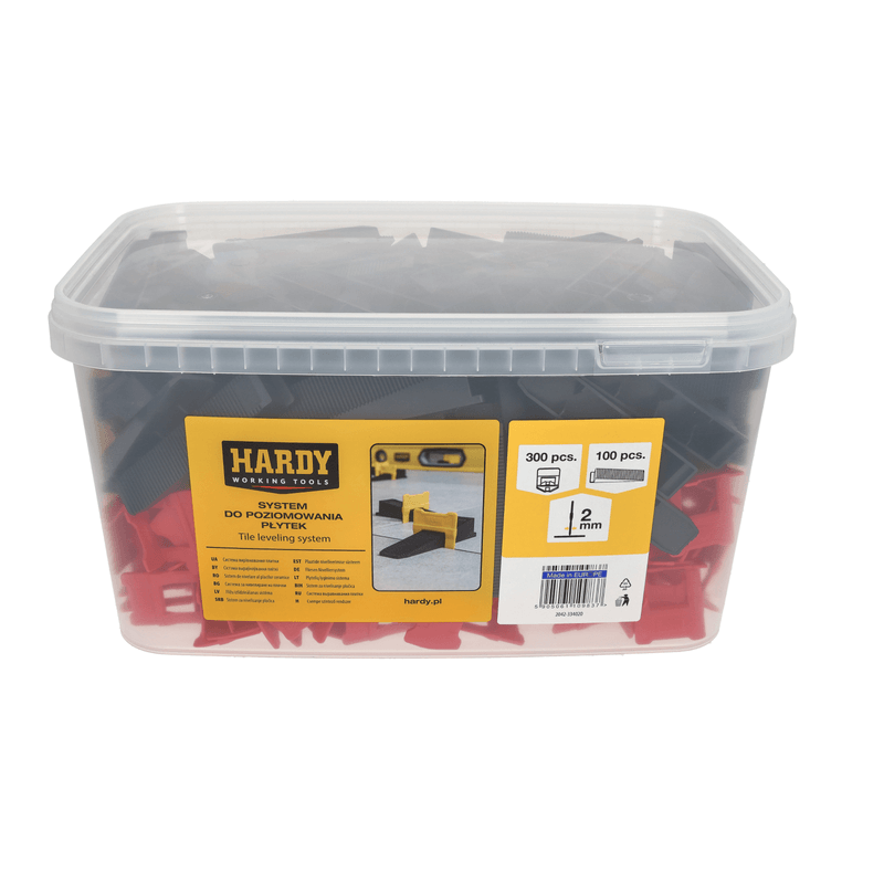 Casa si Gradina - Constructii - Vopsea si tencuieli - Pistoale si sisteme de vopsit si tencuit - Sistem de nivelare a placilor Hardy, chit de 2 mm, grosime 3-16 mm, 300 cleme + 100 pene intr-o galeata - Infinity.ro