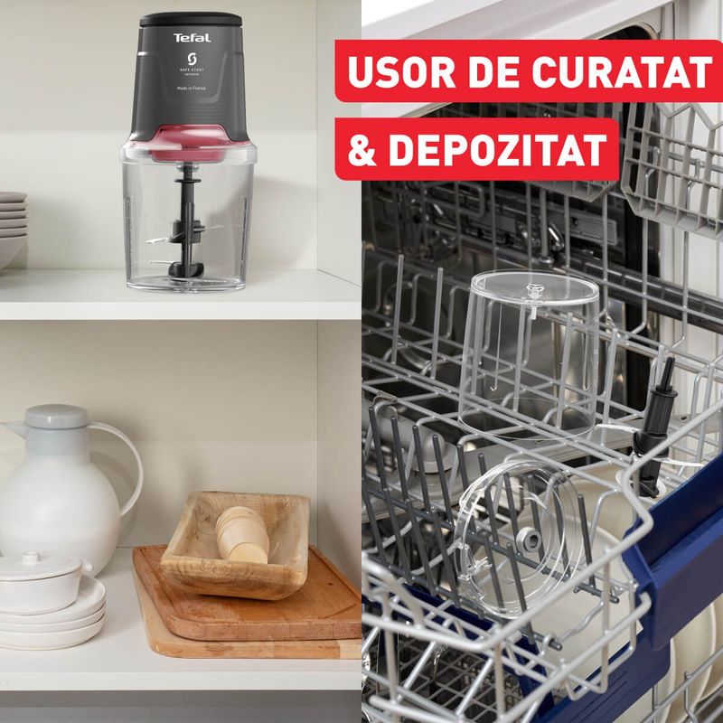 Electronice si Electrocasnice - Electrocasnice bucatarie - Mixere, tocatoare & roboti de bucatarie - Blendere si mini tocatoare - Tocator Tefal Easy Press MQ740HF0, 500W, 4 lame Powelix, recipient de 500 ml, tehnologie Safe Start, gri & rosu - Infinity.ro