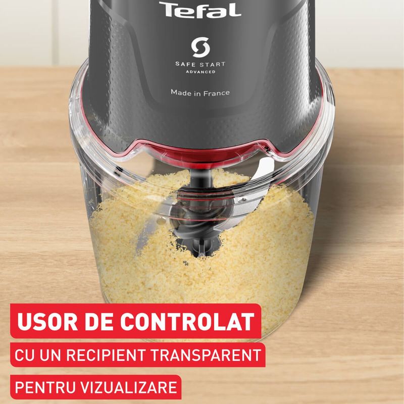 Electronice si Electrocasnice - Electrocasnice bucatarie - Mixere, tocatoare & roboti de bucatarie - Blendere si mini tocatoare - Tocator Tefal Easy Press MQ740HF0, 500W, 4 lame Powelix, recipient de 500 ml, tehnologie Safe Start, gri & rosu - Infinity.ro