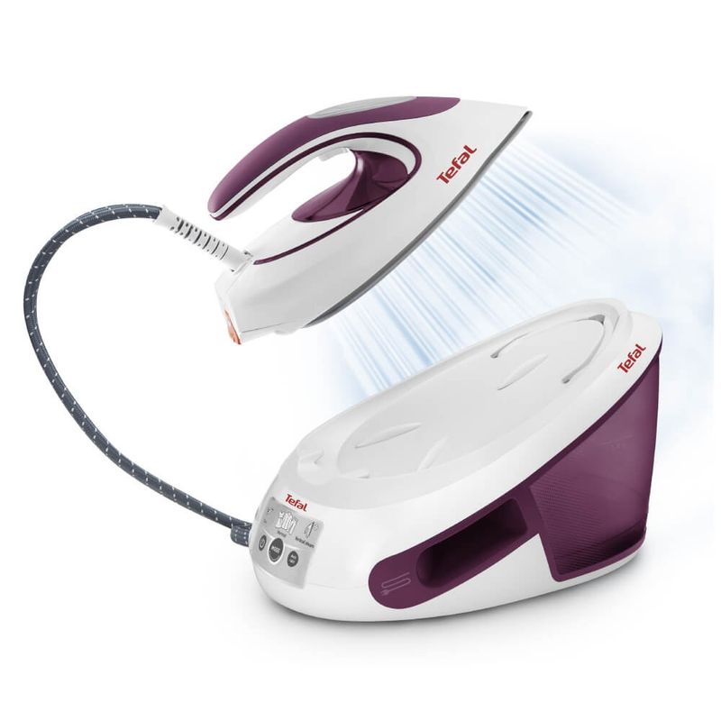 Electronice si Electrocasnice - Ingrijirea tesaturilor - Statii de calcat - Statie de calcat cu abur Tefal Express Anti-Calc SV8054E0, 2800W, 6.5 bari, 1.8L, talpa Durilium AirGlide, alb & violet - Infinity.ro