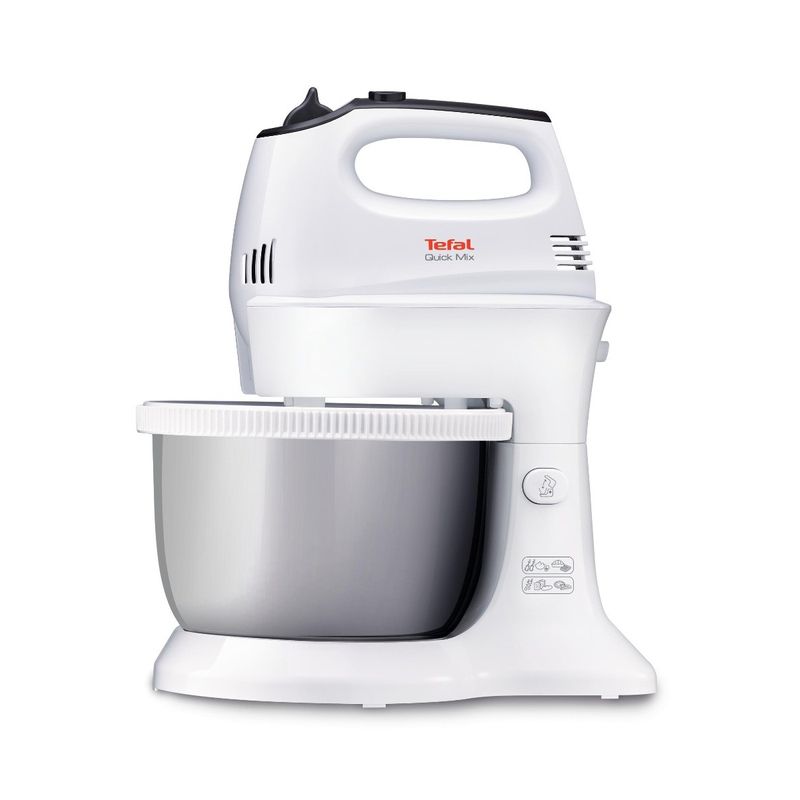 Electronice si Electrocasnice - Electrocasnice bucatarie - Mixere, tocatoare & roboti de bucatarie - Mixere - Mixer Quick Mix HT312138, 300 W, 5 trepte de viteza, functie Turbo, bol rotativ 3.5 L, 2 teluri, 2 carlige, alb - Infinity.ro