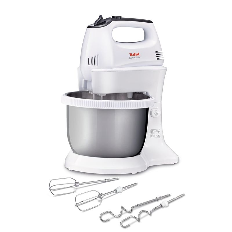 Electronice si Electrocasnice - Electrocasnice bucatarie - Mixere, tocatoare & roboti de bucatarie - Mixere - Mixer Quick Mix HT312138, 300 W, 5 trepte de viteza, functie Turbo, bol rotativ 3.5 L, 2 teluri, 2 carlige, alb - Infinity.ro