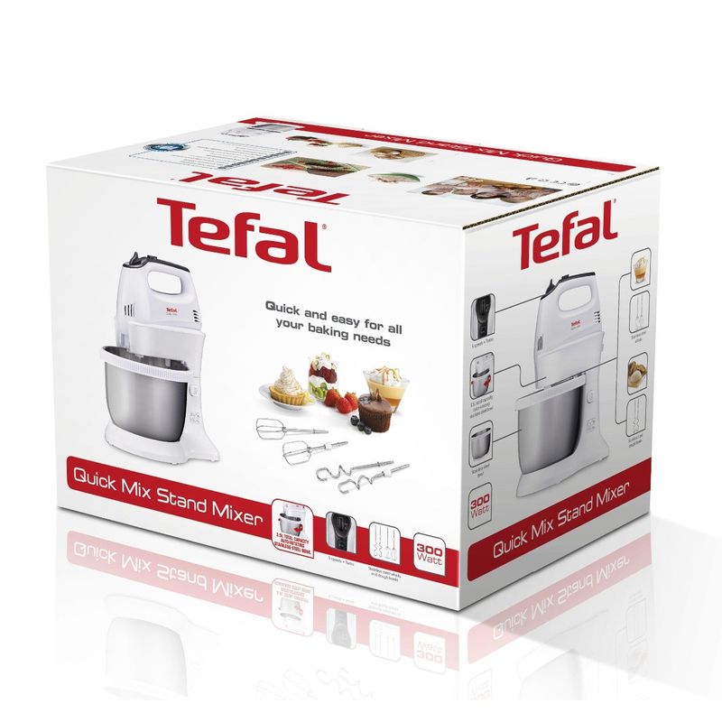 Electronice si Electrocasnice - Electrocasnice bucatarie - Mixere, tocatoare & roboti de bucatarie - Mixere - Mixer Quick Mix HT312138, 300 W, 5 trepte de viteza, functie Turbo, bol rotativ 3.5 L, 2 teluri, 2 carlige, alb - Infinity.ro