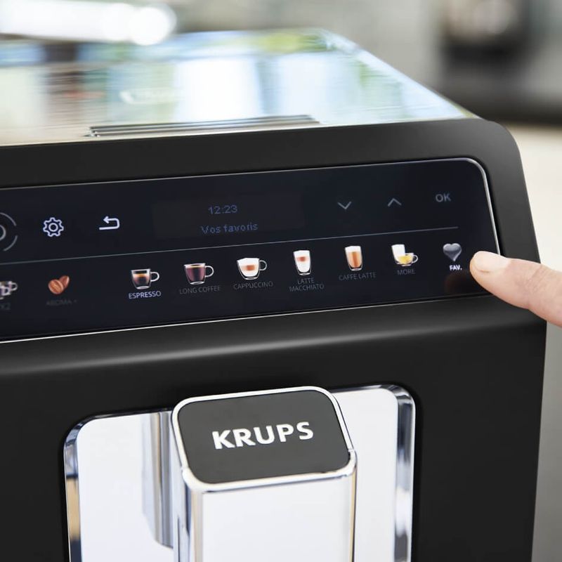 Electronice si Electrocasnice - Electrocasnice bucatarie - Preparare bauturi - Espressoare - Espressor automat Krups Evidence One EA895831, 1450 W, tehnologia Quattro Force, 12 retete, rasnita metalica, negru - Infinity.ro