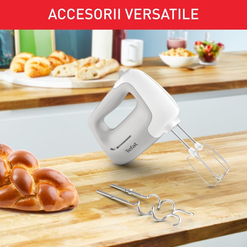 Electronice si Electrocasnice - Electrocasnice bucatarie - Mixere, tocatoare & roboti de bucatarie - Mixere - Mixer de mana Tefal Prep'Mix HT450B38, 450W, 5 trepte viteza, 2 teluri, 2 carlige, functie turbo, alb & gri - Infinity.ro