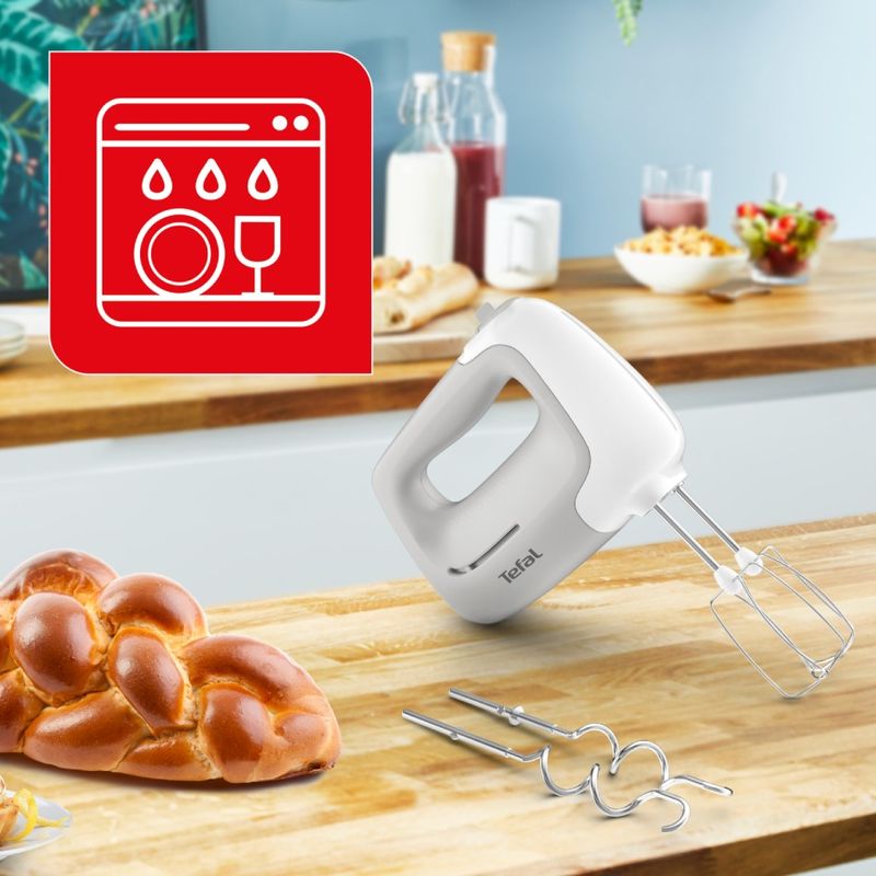 Electronice si Electrocasnice - Electrocasnice bucatarie - Mixere, tocatoare & roboti de bucatarie - Mixere - Mixer de mana Tefal Prep'Mix HT450B38, 450W, 5 trepte viteza, 2 teluri, 2 carlige, functie turbo, alb & gri - Infinity.ro