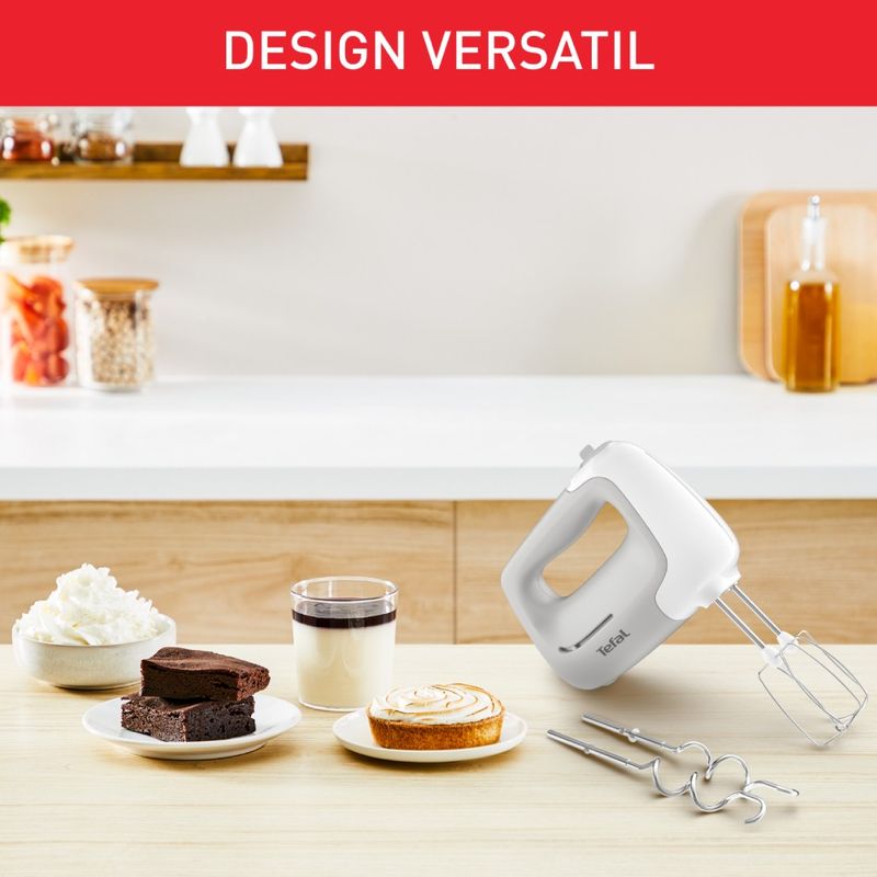 Electronice si Electrocasnice - Electrocasnice bucatarie - Mixere, tocatoare & roboti de bucatarie - Mixere - Mixer de mana Tefal Prep'Mix HT450B38, 450W, 5 trepte viteza, 2 teluri, 2 carlige, functie turbo, alb & gri - Infinity.ro