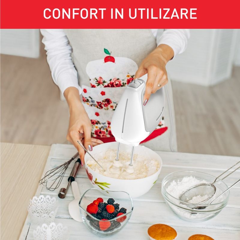 Electronice si Electrocasnice - Electrocasnice bucatarie - Mixere, tocatoare & roboti de bucatarie - Mixere - Mixer de mana Tefal Prep'Mix HT450B38, 450W, 5 trepte viteza, 2 teluri, 2 carlige, functie turbo, alb & gri - Infinity.ro