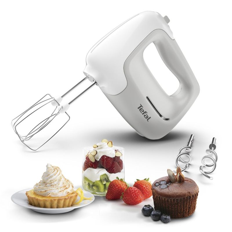 Electronice si Electrocasnice - Electrocasnice bucatarie - Mixere, tocatoare & roboti de bucatarie - Mixere - Mixer de mana Tefal Prep'Mix HT450B38, 450W, 5 trepte viteza, 2 teluri, 2 carlige, functie turbo, alb & gri - Infinity.ro