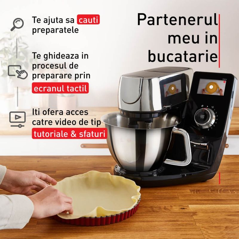Electronice si Electrocasnice - Electrocasnice bucatarie - Mixere, tocatoare & roboti de bucatarie - Roboti de bucatarie - Robot de bucatarie Tefal i-Coach Touch QB950D38, 1200W, 5.5L, ecran tactil, 10 trepte de viteza, 21 programe, negru - Infinity.ro