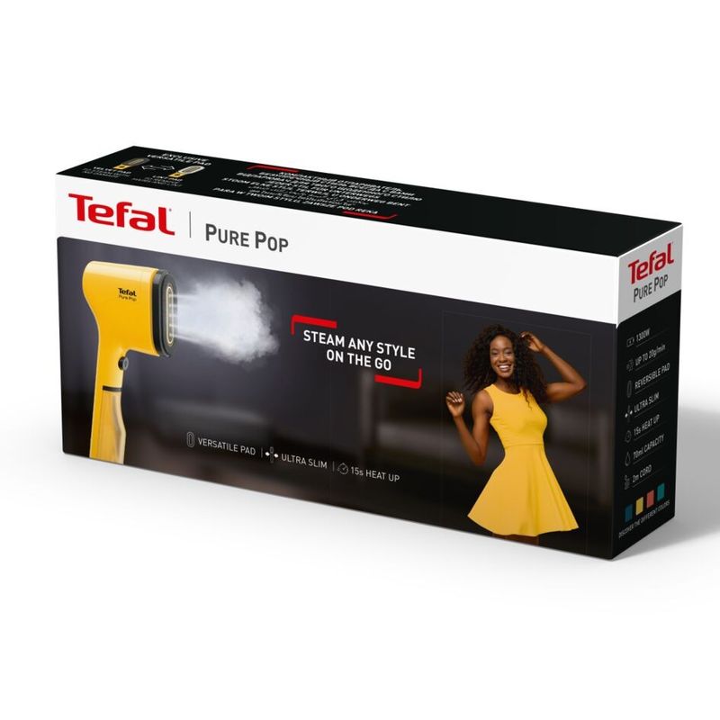 Electronice si Electrocasnice - Ingrijirea tesaturilor - Statii de calcat - Aparat de calcat vertical Tefal  PURE POP YELLOW DT2026E1, 1300W, 20 g/min, 70 ml, Auto-Off, pad reversibil, galben - Infinity.ro