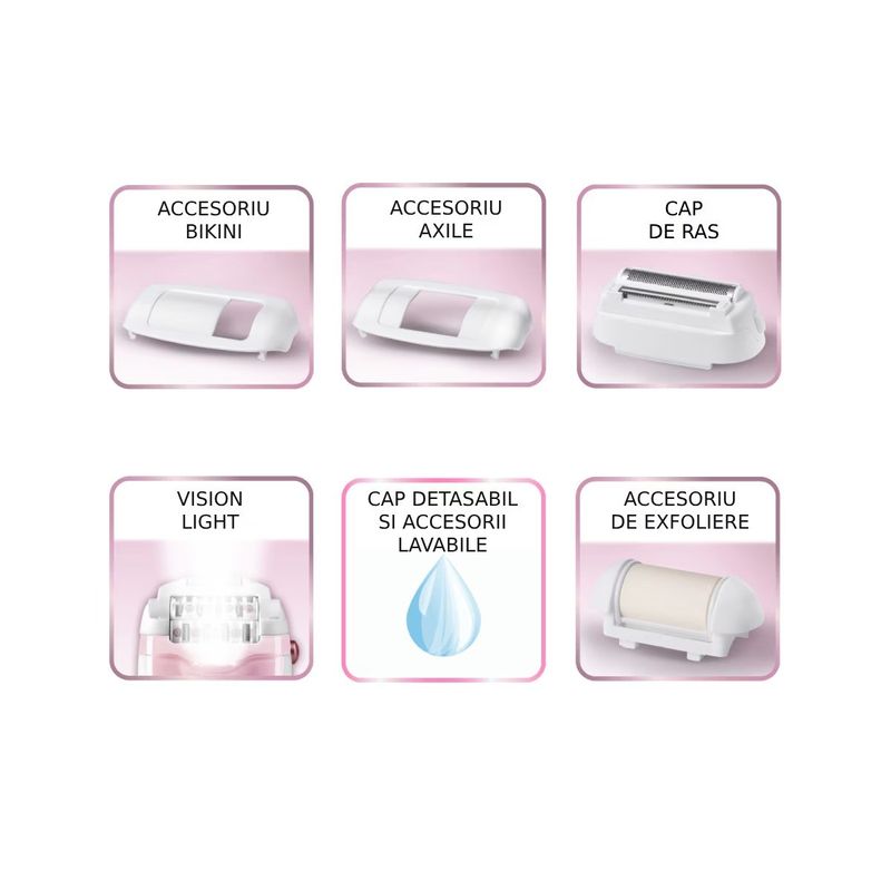 Ingrijire personala si Cosmetice - Aparate & accesorii ingrijire personala - Epilatoare si accesorii - Epilatoare - Epilator Rowenta Silence Soft EP5640D1, Functia Vision, 4.8 W, 24 pensete, 2 trepte de viteza, alb & roz - Infinity.ro
