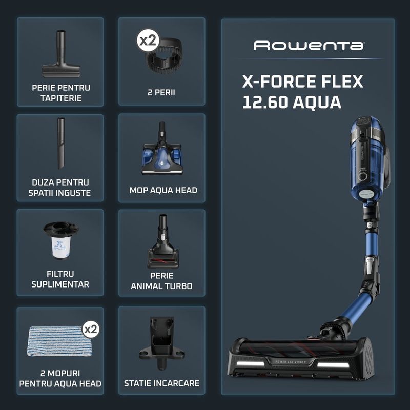 Electronice si Electrocasnice - Ingrijirea locuintei - Aspiratoare - Aspirator vertical Rowenta X-Force Flex 12.60 Aqua RH98C0WO, 320 W, 0.9 l, Autonomie 45 minute, mop Aqua, Albastru/Negru - Infinity.ro