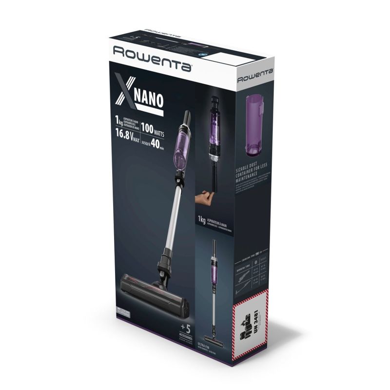Electronice si Electrocasnice - Ingrijirea locuintei - Aspiratoare - Aspirator vertical Rowenta X-Nano RH1129WO, 0.5l, 16.8V, Autonomie maxima 40 min, Negru-Mov - Infinity.ro