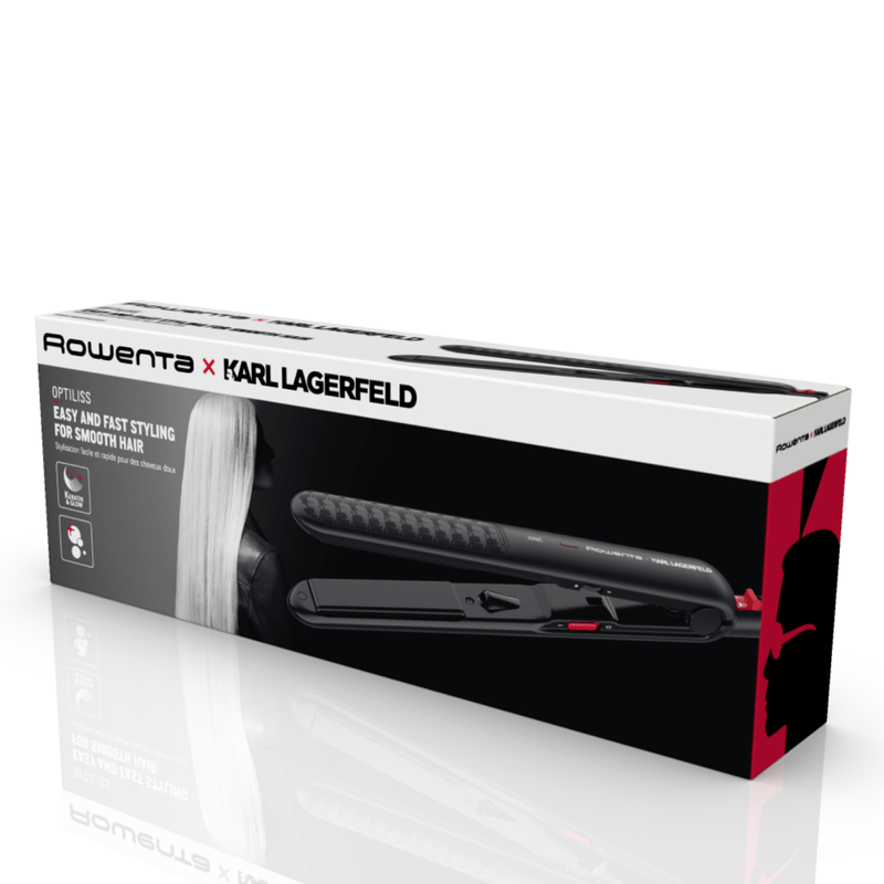 Ingrijire personala si Cosmetice - Aparate & accesorii ingrijire personala - Hair styling - Placi de indreptat parul - Placa de par ROWENTA x Karl Lagerfeld Optiliss SF323LF0, invelis Keratin & Glow, varf rece, negru & rosu - Infinity.ro