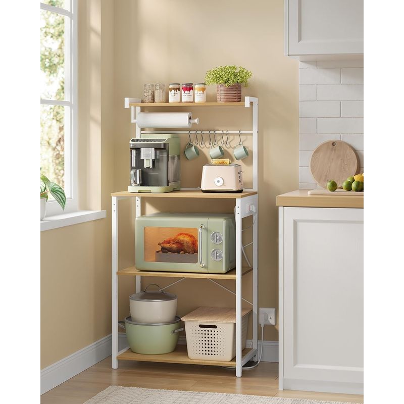 Casa si Gradina - Mobilier - Biblioteci si rafturi - Rafturi - Raft pentru bucatarie cu 4 polite, suport microunde, priza incorporata, cadru metalic, 60x40x140 cm, stejar auriu si alb - Infinity.ro