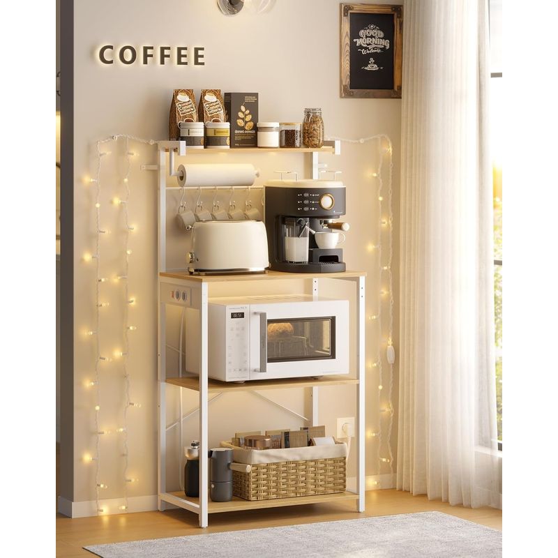 Casa si Gradina - Mobilier - Biblioteci si rafturi - Rafturi - Raft pentru bucatarie cu 4 polite, suport microunde, priza incorporata, cadru metalic, 60x40x140 cm, stejar auriu si alb - Infinity.ro