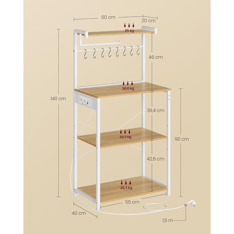 Casa si Gradina - Mobilier - Biblioteci si rafturi - Rafturi - Raft pentru bucatarie cu 4 polite, suport microunde, priza incorporata, cadru metalic, 60x40x140 cm, stejar auriu si alb - Infinity.ro