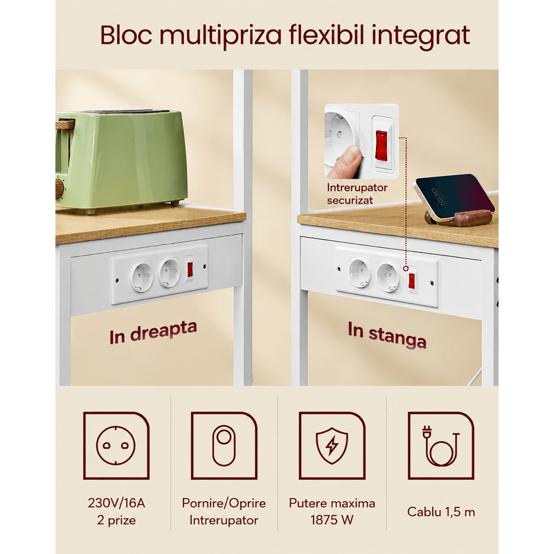 Casa si Gradina - Mobilier - Biblioteci si rafturi - Rafturi - Raft pentru bucatarie cu 4 polite, suport microunde, priza incorporata, cadru metalic, 60x40x140 cm, stejar auriu si alb - Infinity.ro
