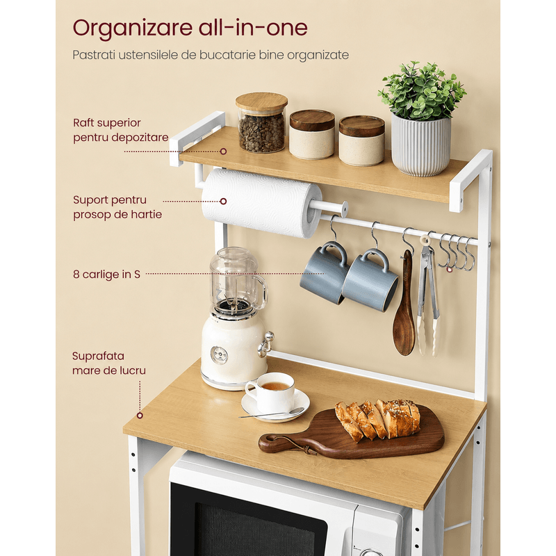 Casa si Gradina - Mobilier - Biblioteci si rafturi - Rafturi - Raft pentru bucatarie cu 4 polite, suport microunde, priza incorporata, cadru metalic, 60x40x140 cm, stejar auriu si alb - Infinity.ro
