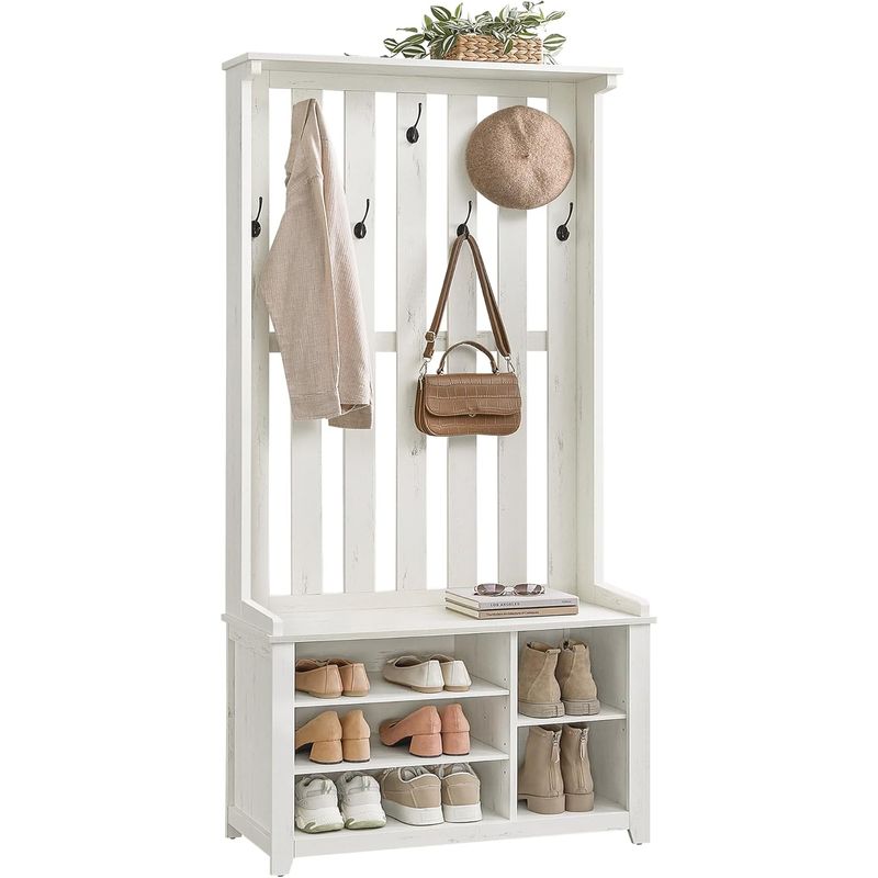 Casa si Gradina - Mobilier - Organizare si depozitare - Cuiere - Cuier pentru hol cu banca, raft pantofi si 7 carlige duble, 81x35x180 cm, alb rustic - Infinity.ro