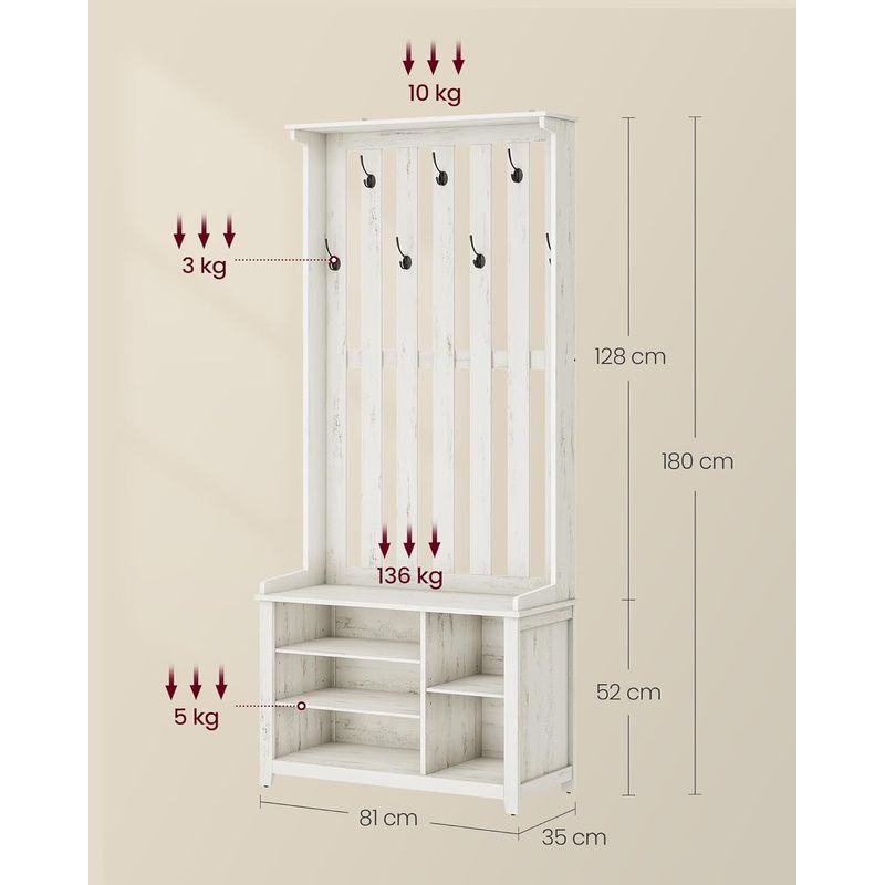 Casa si Gradina - Mobilier - Organizare si depozitare - Cuiere - Cuier pentru hol cu banca, raft pantofi si 7 carlige duble, 81x35x180 cm, alb rustic - Infinity.ro
