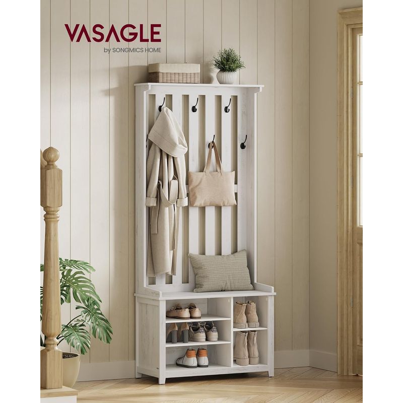 Casa si Gradina - Mobilier - Organizare si depozitare - Cuiere - Cuier pentru hol cu banca, raft pantofi si 7 carlige duble, 81x35x180 cm, alb rustic - Infinity.ro