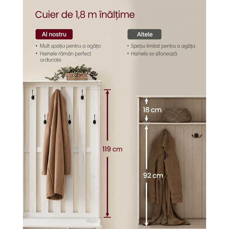 Casa si Gradina - Mobilier - Organizare si depozitare - Cuiere - Cuier pentru hol cu banca, raft pantofi si 7 carlige duble, 81x35x180 cm, alb rustic - Infinity.ro