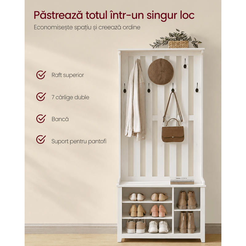 Casa si Gradina - Mobilier - Organizare si depozitare - Cuiere - Cuier pentru hol cu banca, raft pantofi si 7 carlige duble, 81x35x180 cm, alb rustic - Infinity.ro