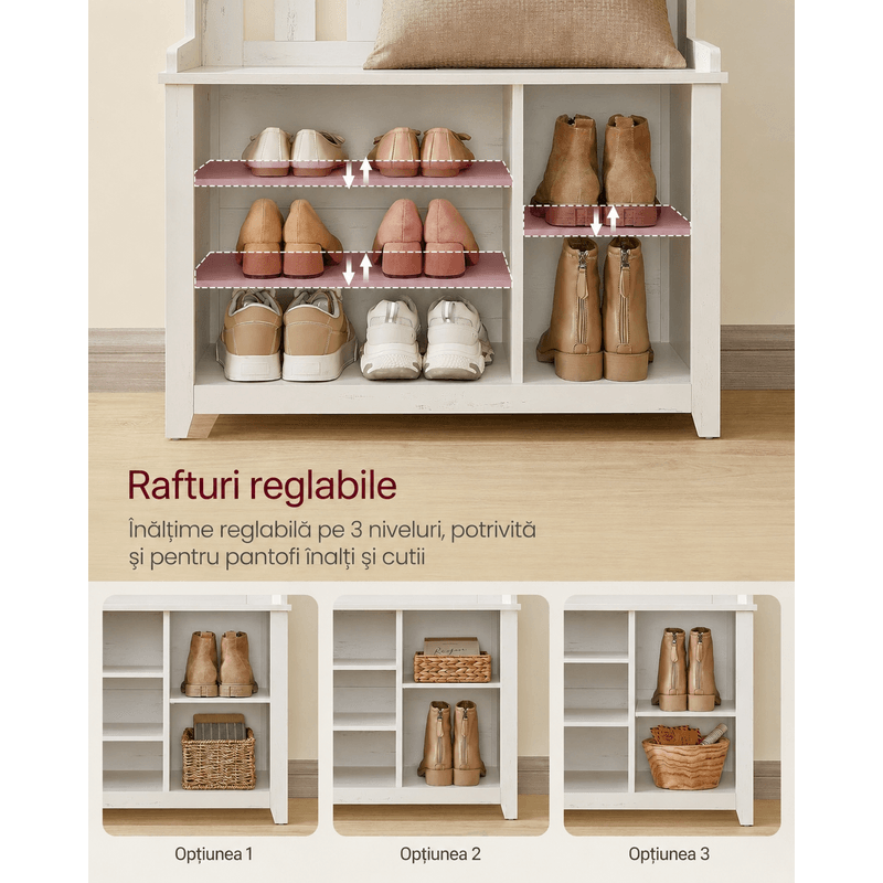 Casa si Gradina - Mobilier - Organizare si depozitare - Cuiere - Cuier pentru hol cu banca, raft pantofi si 7 carlige duble, 81x35x180 cm, alb rustic - Infinity.ro