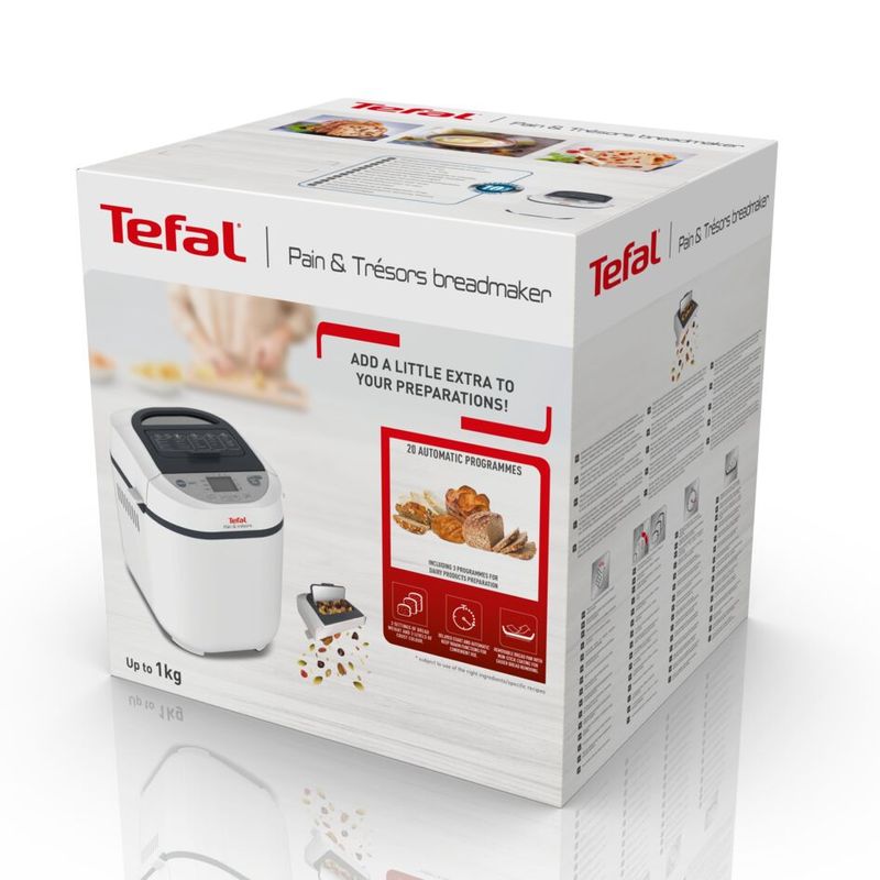 Electronice si Electrocasnice - Electrocasnice bucatarie - Preparare paine - Masina de paine Tefal Pain et Tresors PF250135, 700 W, 1000 g, 3 setari, 20 programe, 28 de retete, timer, alb/negru - Infinity.ro