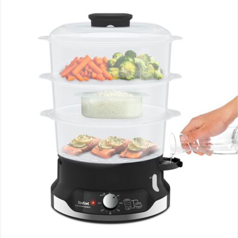 Electronice si Electrocasnice - Electrocasnice bucatarie - Aparate de gatit & desert - Aparate de gatit cu aburi - Aparat de gatit cu aburi Tefal Ultracompact Steam Cooker VC204810, 3 vase, cronometru manual, 1 accesoriu, 9 L, negru - Infinity.ro