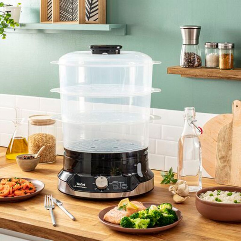 Electronice si Electrocasnice - Electrocasnice bucatarie - Aparate de gatit & desert - Aparate de gatit cu aburi - Aparat de gatit cu aburi Tefal Ultracompact Steam Cooker VC204810, 3 vase, cronometru manual, 1 accesoriu, 9 L, negru - Infinity.ro