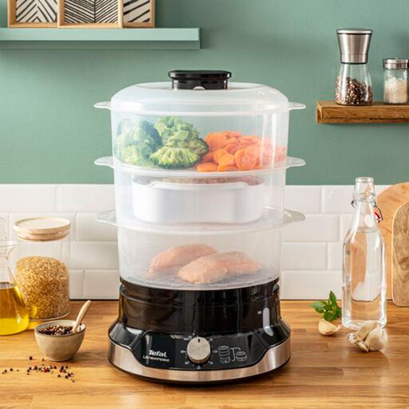 Electronice si Electrocasnice - Electrocasnice bucatarie - Aparate de gatit & desert - Aparate de gatit cu aburi - Aparat de gatit cu aburi Tefal Ultracompact Steam Cooker VC204810, 3 vase, cronometru manual, 1 accesoriu, 9 L, negru - Infinity.ro