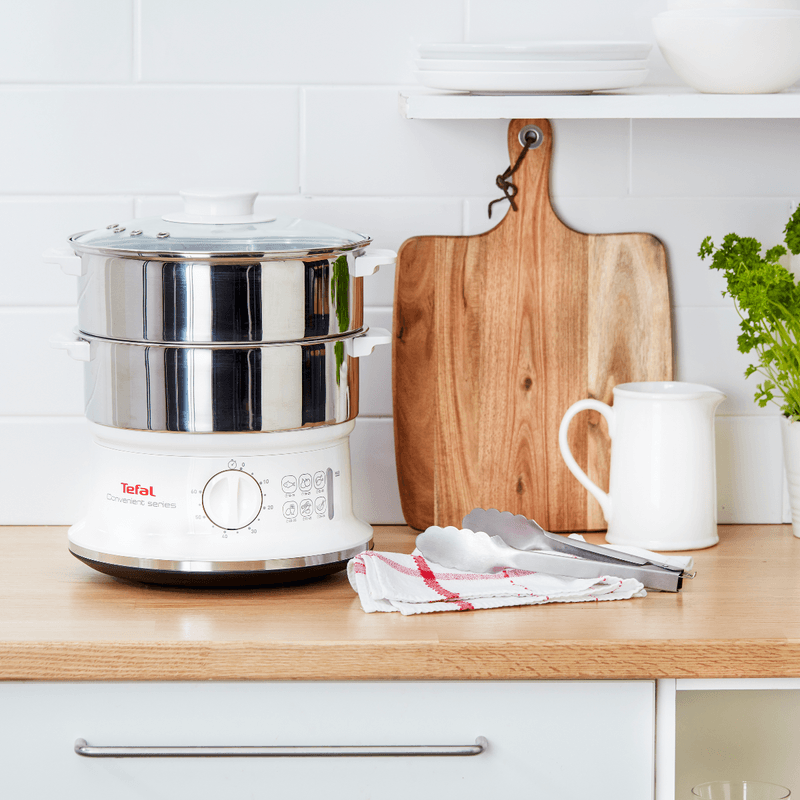 Electronice si Electrocasnice - Electrocasnice bucatarie - Aparate de gatit & desert - Aparate de gatit cu aburi - Aparat de gatit cu aburi Tefal Convenient Series VC145130, 2 vase, cronometru mecanic, 2 accesorii, 6 L, inox, alb - Infinity.ro