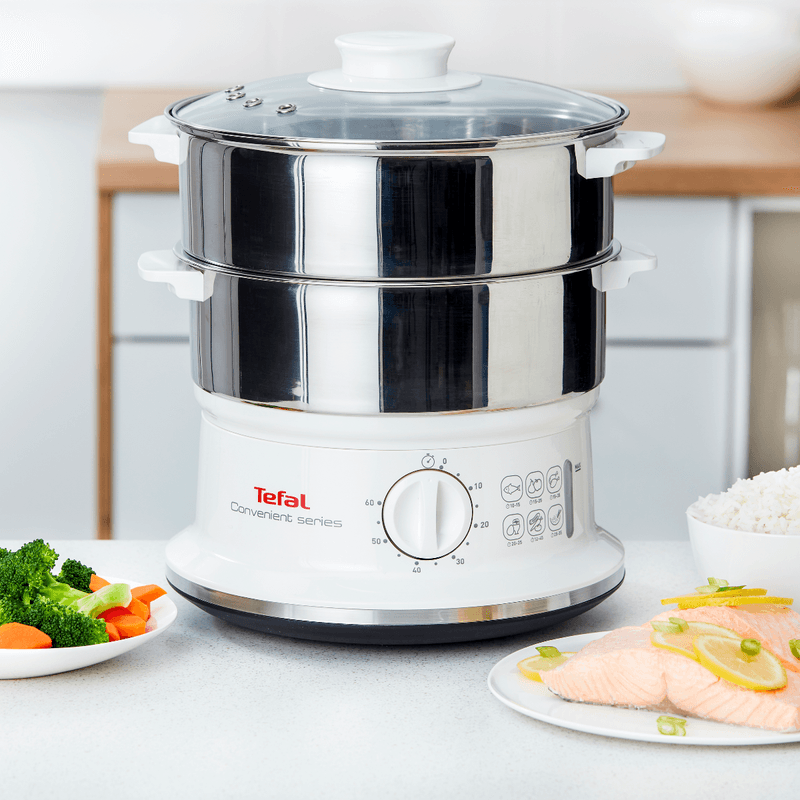 Electronice si Electrocasnice - Electrocasnice bucatarie - Aparate de gatit & desert - Aparate de gatit cu aburi - Aparat de gatit cu aburi Tefal Convenient Series VC145130, 2 vase, cronometru mecanic, 2 accesorii, 6 L, inox, alb - Infinity.ro
